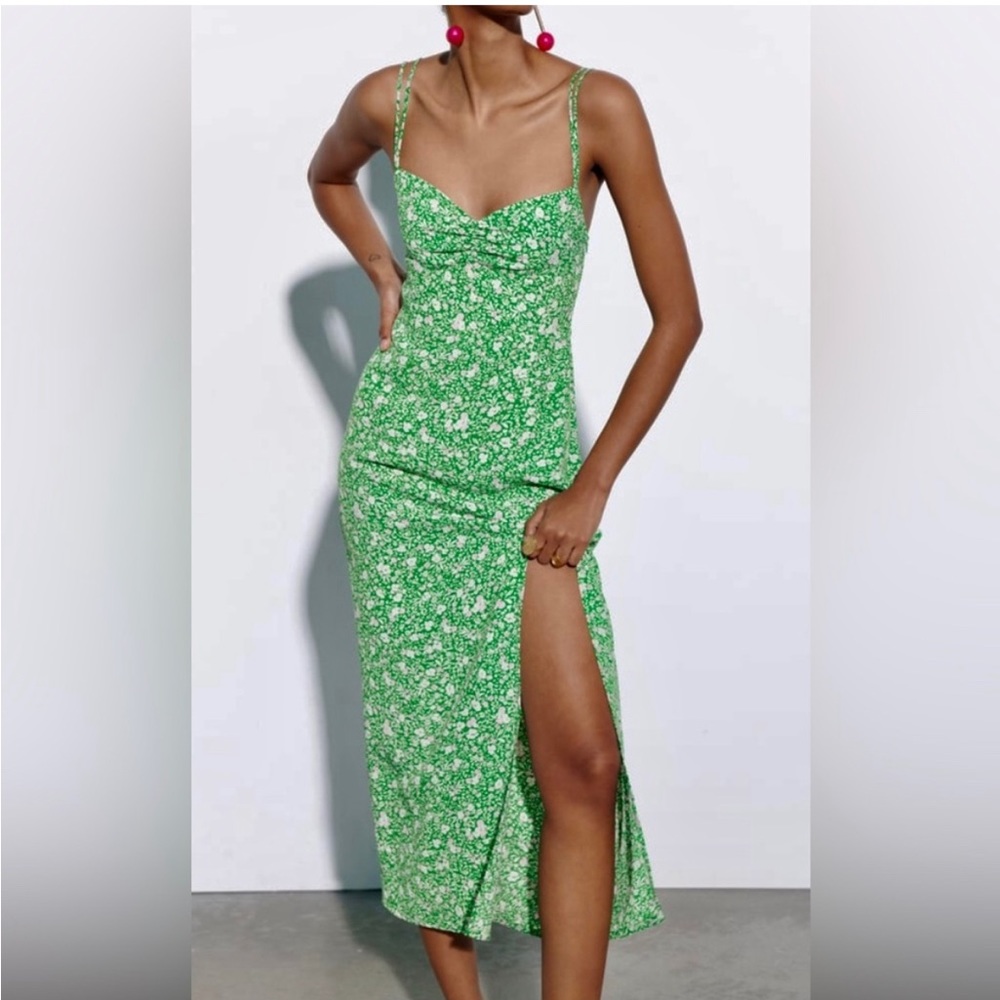 Zara Floral Green Midi Slit Dress - Large